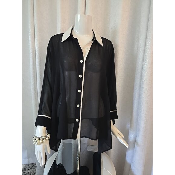 Women's Wynne Layers Black White Sheer Tuexdo Button Shirt Long Sleeve Top M - Picture 1 of 7